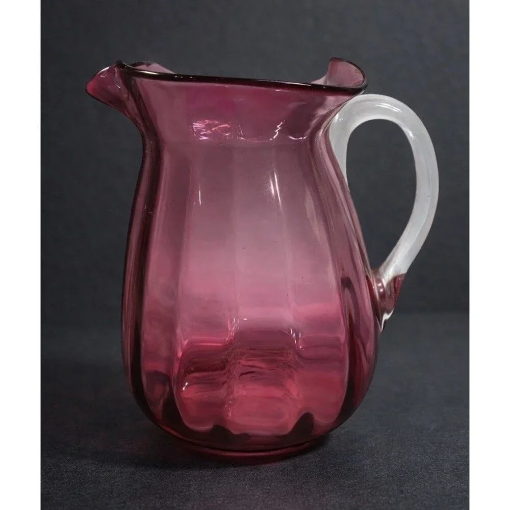 VTG Pilgrim Cranberry Pink Art Glass Optic Swirl Creamer Pitcher 5” Handle